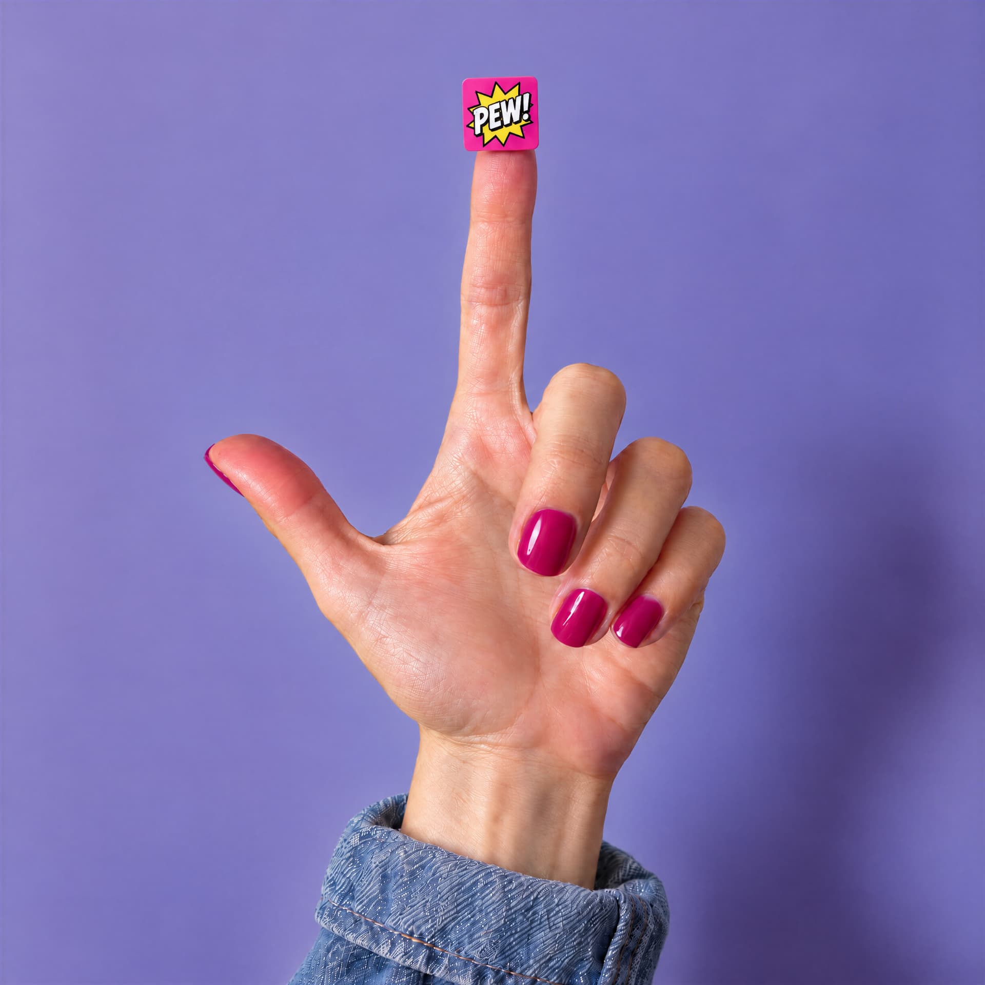 PEW! Target Paster balanced on a fingertip, pink manicure