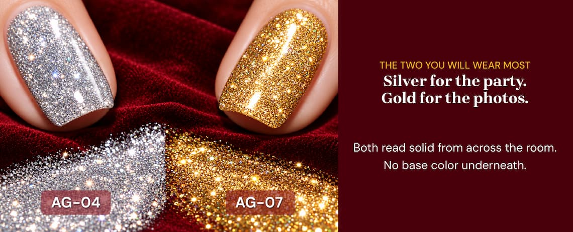 The two you will wear most. Silver for the party. Gold for the photos. Both read solid from across the room. No base color underneath.