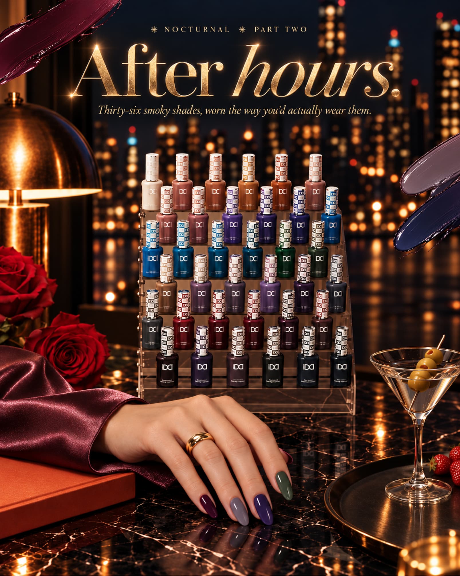 Nocturnal, part two. After hours. Thirty-six smoky shades, worn the way you'd actually wear them. All 36 DND Nocturnal bottles on a rack against a city skyline at night.
