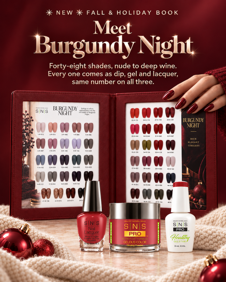 New fall and holiday book. Meet Burgundy Night. Forty-eight shades, nude to deep wine. Every one comes as dip, gel and lacquer, same number on all three.