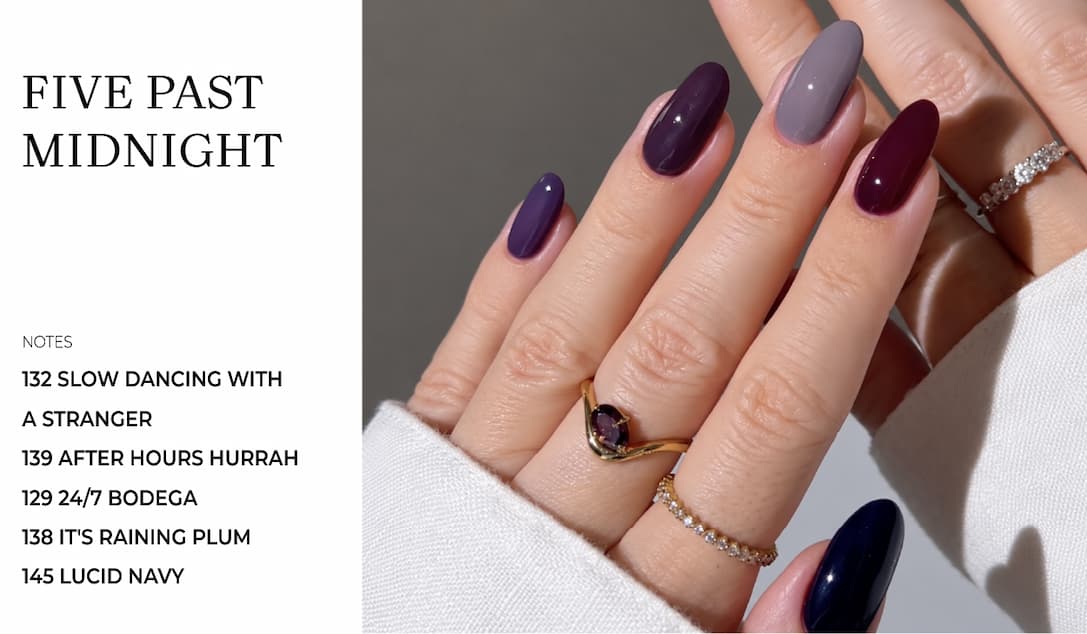 Five past midnight. Plum, mauve, brown and navy: 132, 139, 129, 138, 145.