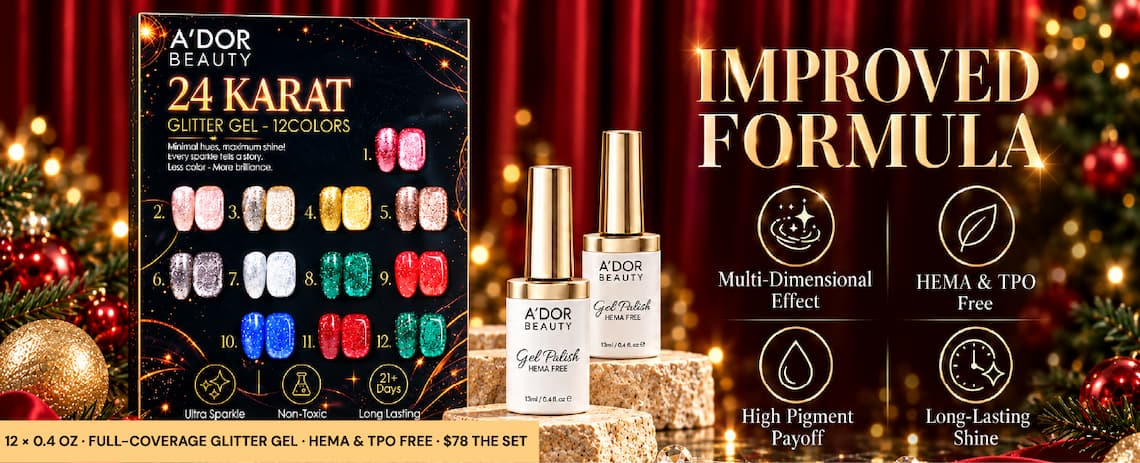 Improved formula: multi-dimensional effect, HEMA and TPO free, high pigment payoff, long-lasting shine. 12 x 0.4 oz, full-coverage glitter gel, $78 the set.