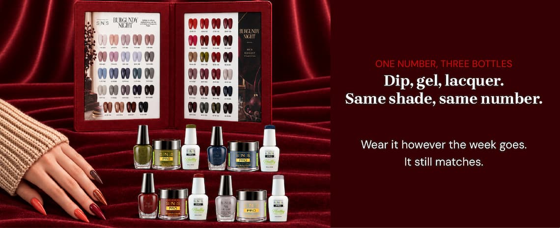 One number, three bottles. Dip, gel, lacquer. Same shade, same number. Wear it however the week goes. It still matches.