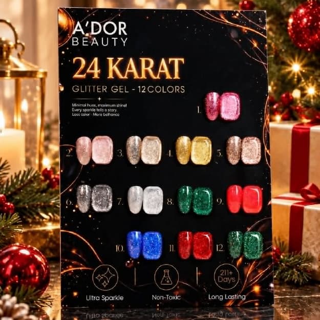 A'DOR 24 Karat Glitter Gel, set of 12, plus a free Diamond Top Coat