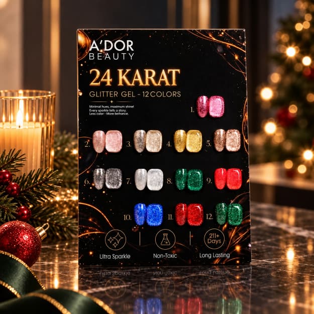 A'DOR 24 Karat Glitter Gel, set of 12, plus a free Diamond Top Coat