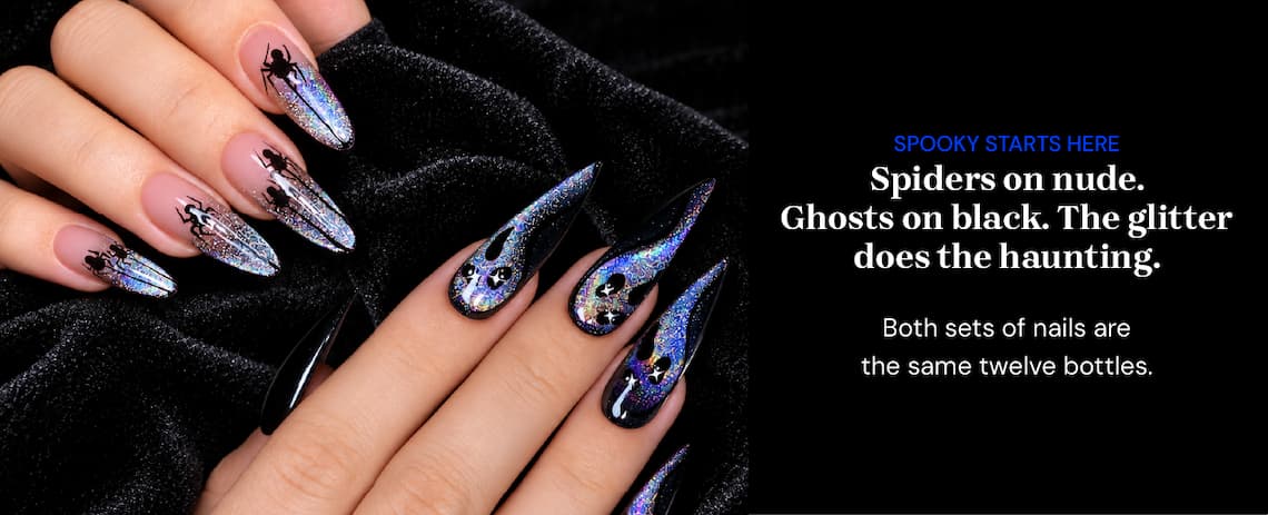 Spooky starts here. Spiders on nude. Ghosts on black. The glitter does the haunting. Both sets of nails are the same twelve bottles.