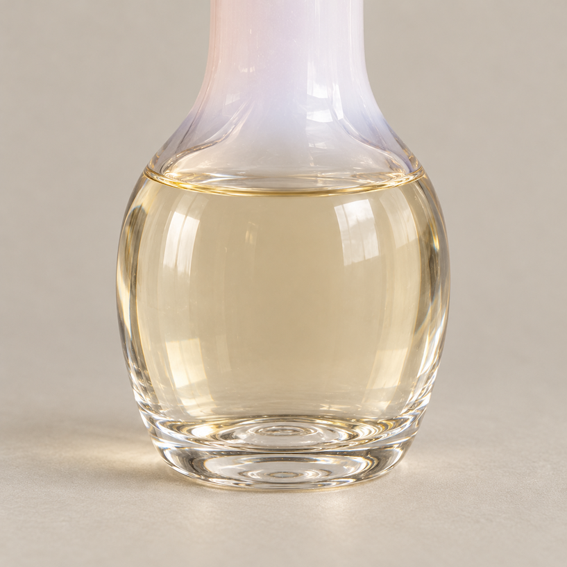 Heavy glass bottle holding golden oil