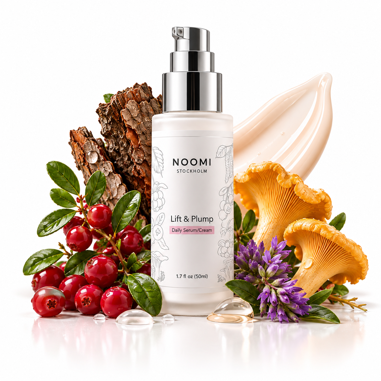 Lift & Plump Daily Serum-Cream surrounded by lingonberries, chanterelle mushroom, pine bark and bakuchiol flowers