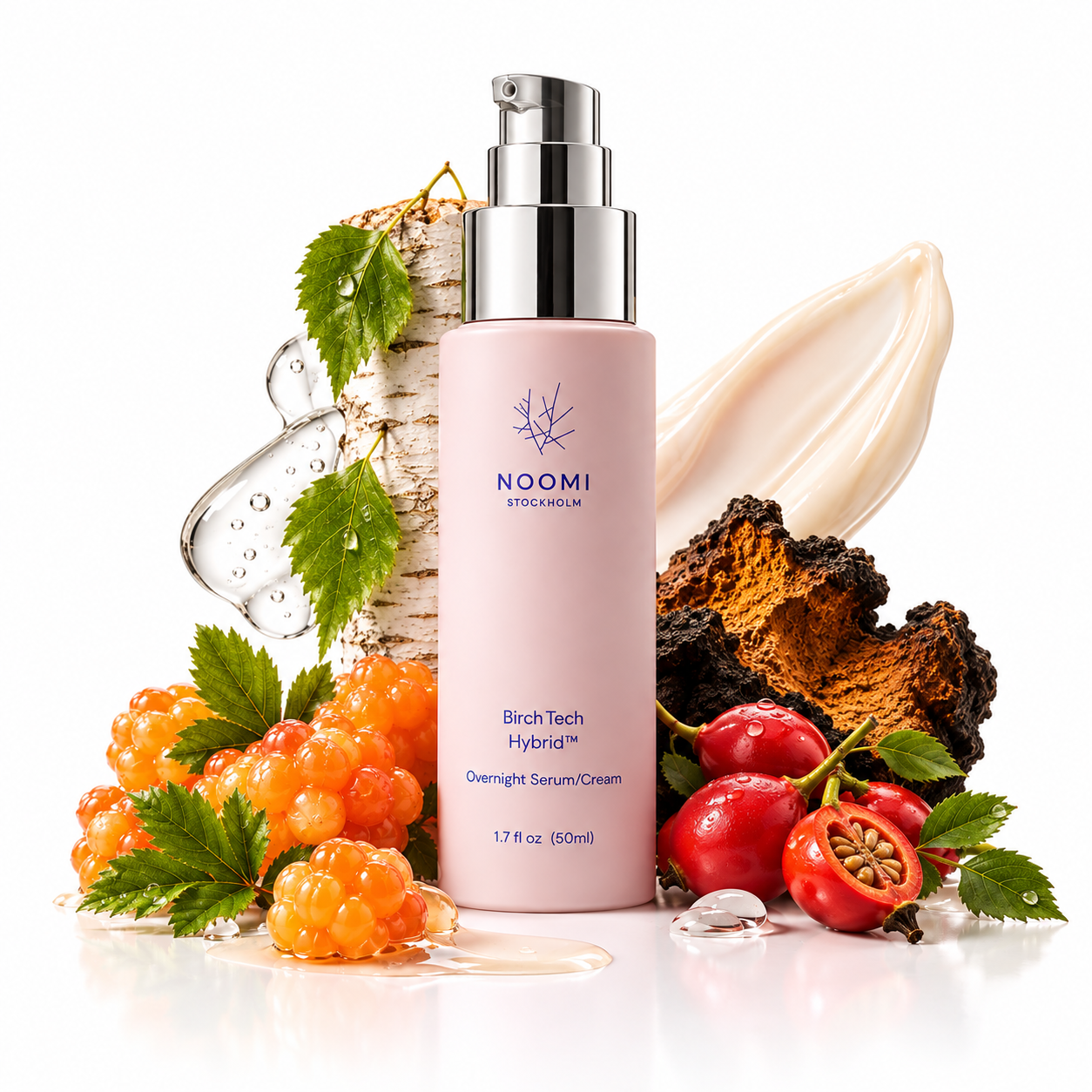 BirchTech Hybrid Night Serum/Cream surrounded by birch bark, cloudberries, chaga and rosehips