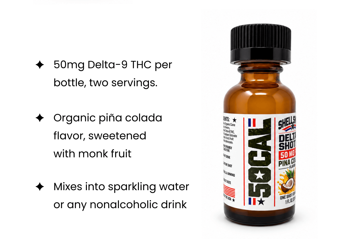 ✦ 50mg Delta-9 THC per bottle, two servings | ✦ Organic piña colada flavor, sweetened with monk fruit | ✦ Mixes into sparkling water or any nonalcoholic drink
