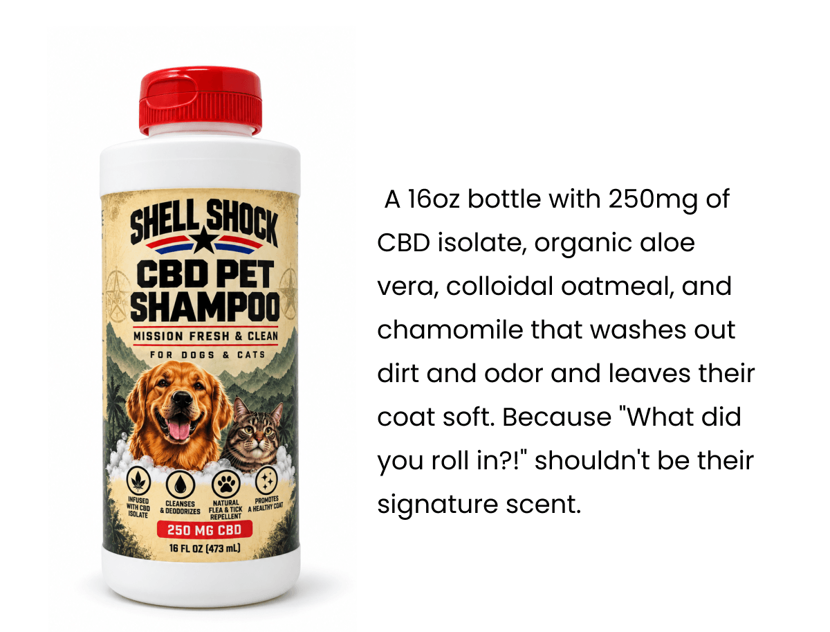 A 16oz bottle with 250mg of CBD isolate, organic aloe vera, colloidal oatmeal, and chamomile that washes out dirt and odor and leaves their coat soft. Because "What did you roll in?!" shouldn't be their signature scent.