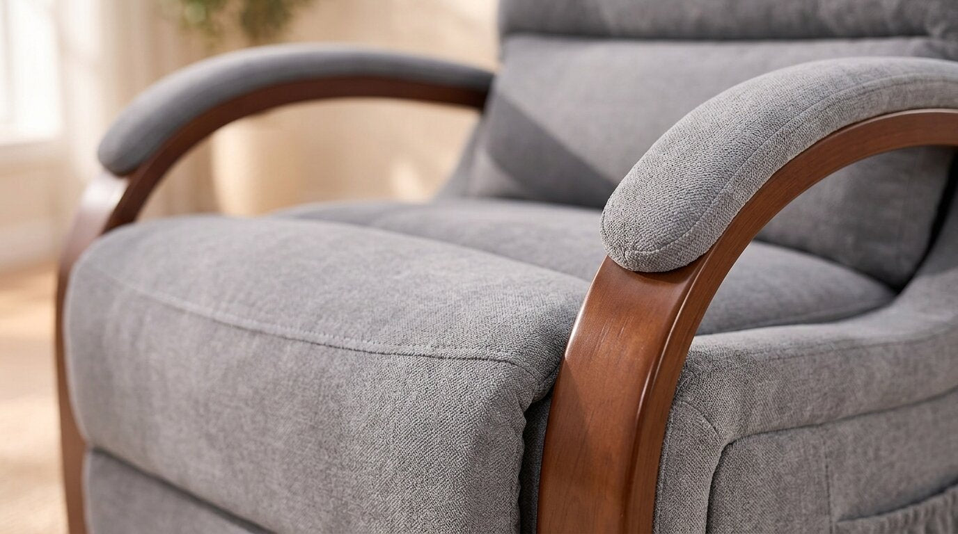 Close-up of the gray chenille seat and arm with the curved solid wood armrest