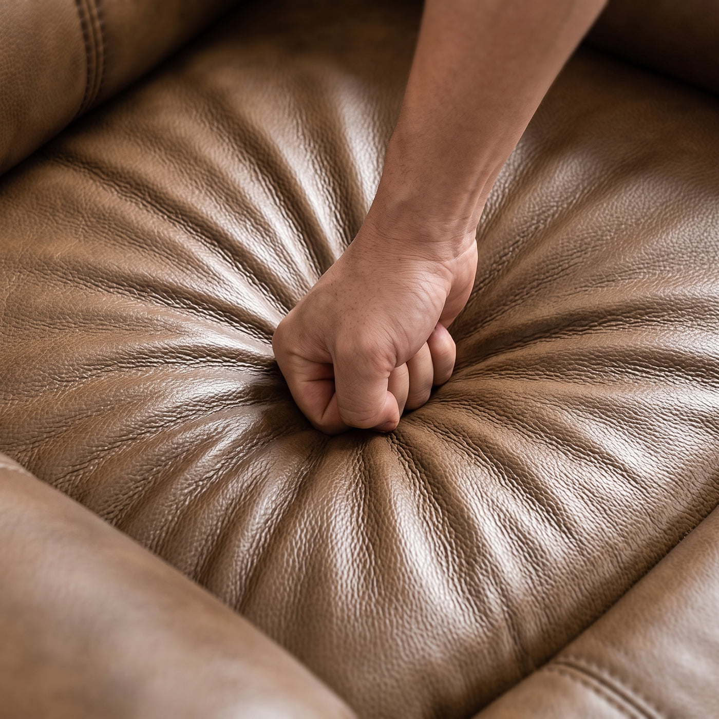 Hand pressing the cushioned seat