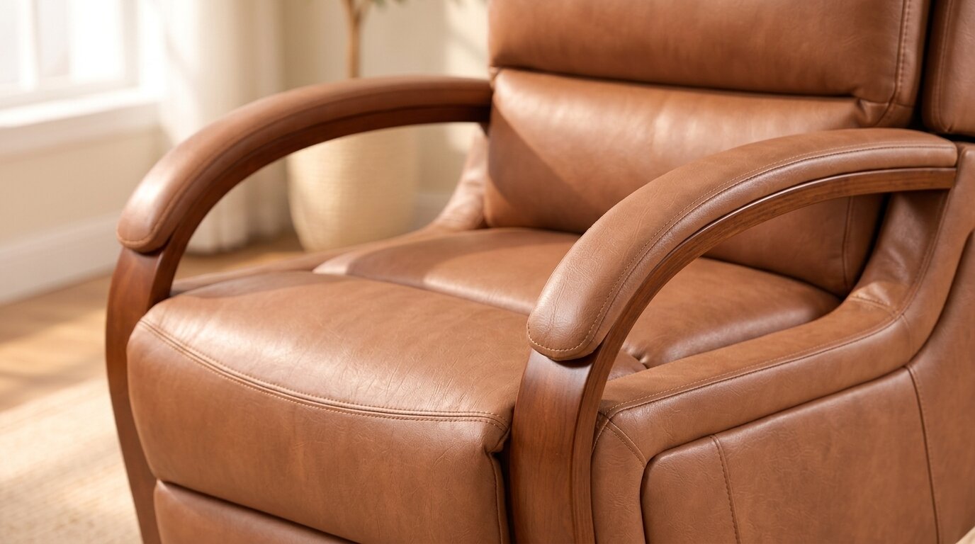 Close-up of the orange faux leather seat and arm with the curved solid wood armrest