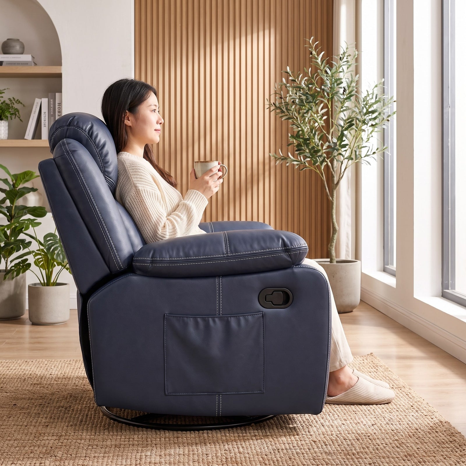 Blue CozyNest turned toward the window