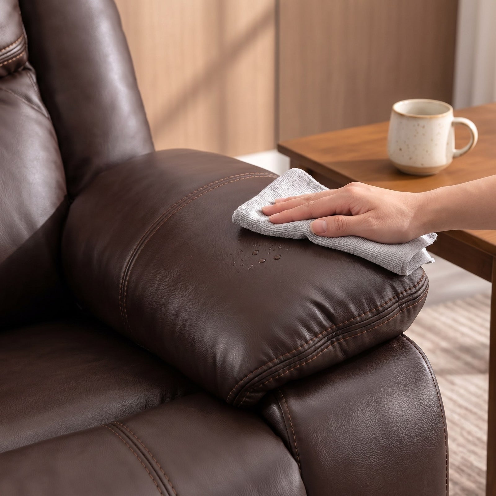 Wiping the faux leather arm with a cloth