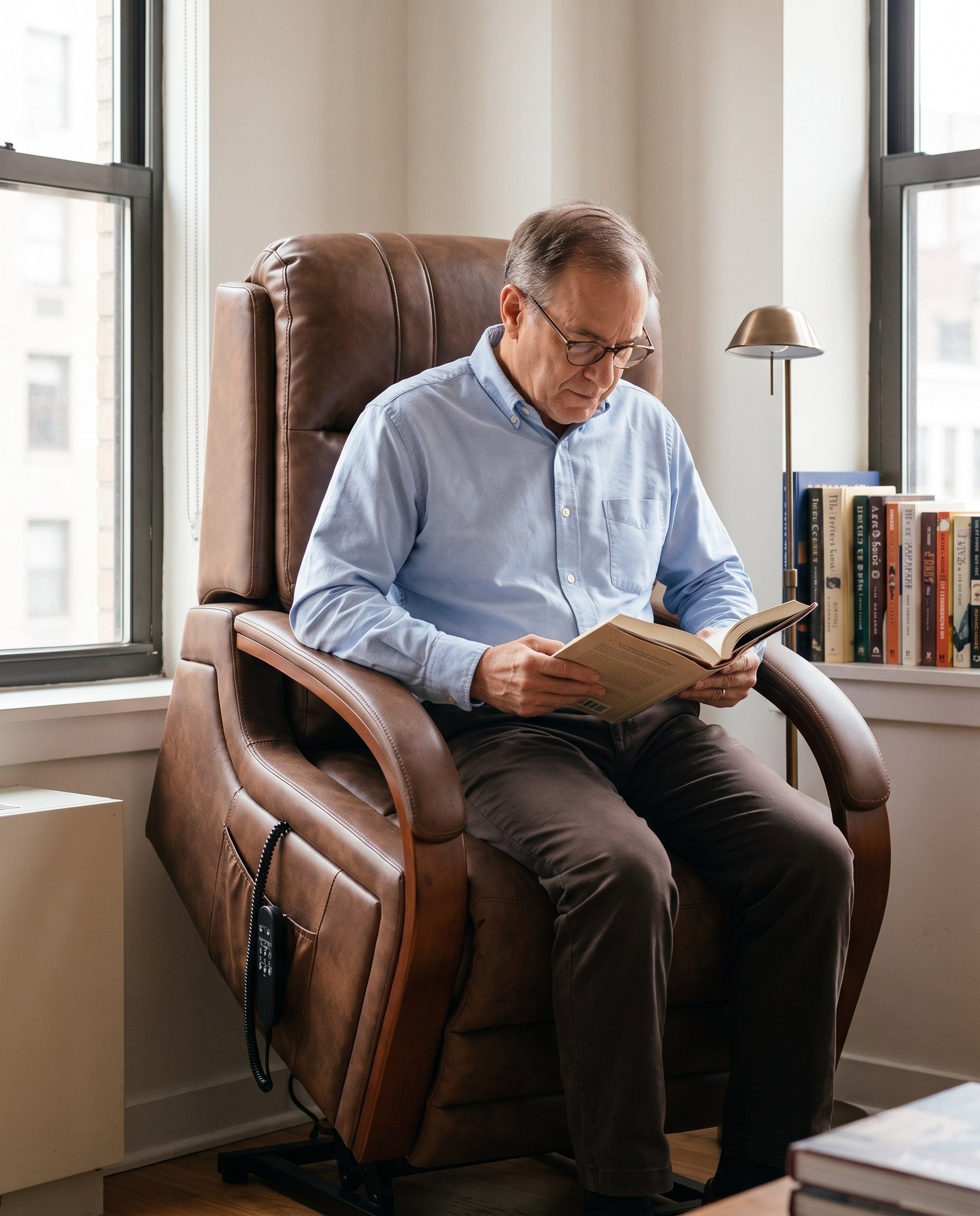 Faux leather brown EasyHold in a compact apartment reading corner
