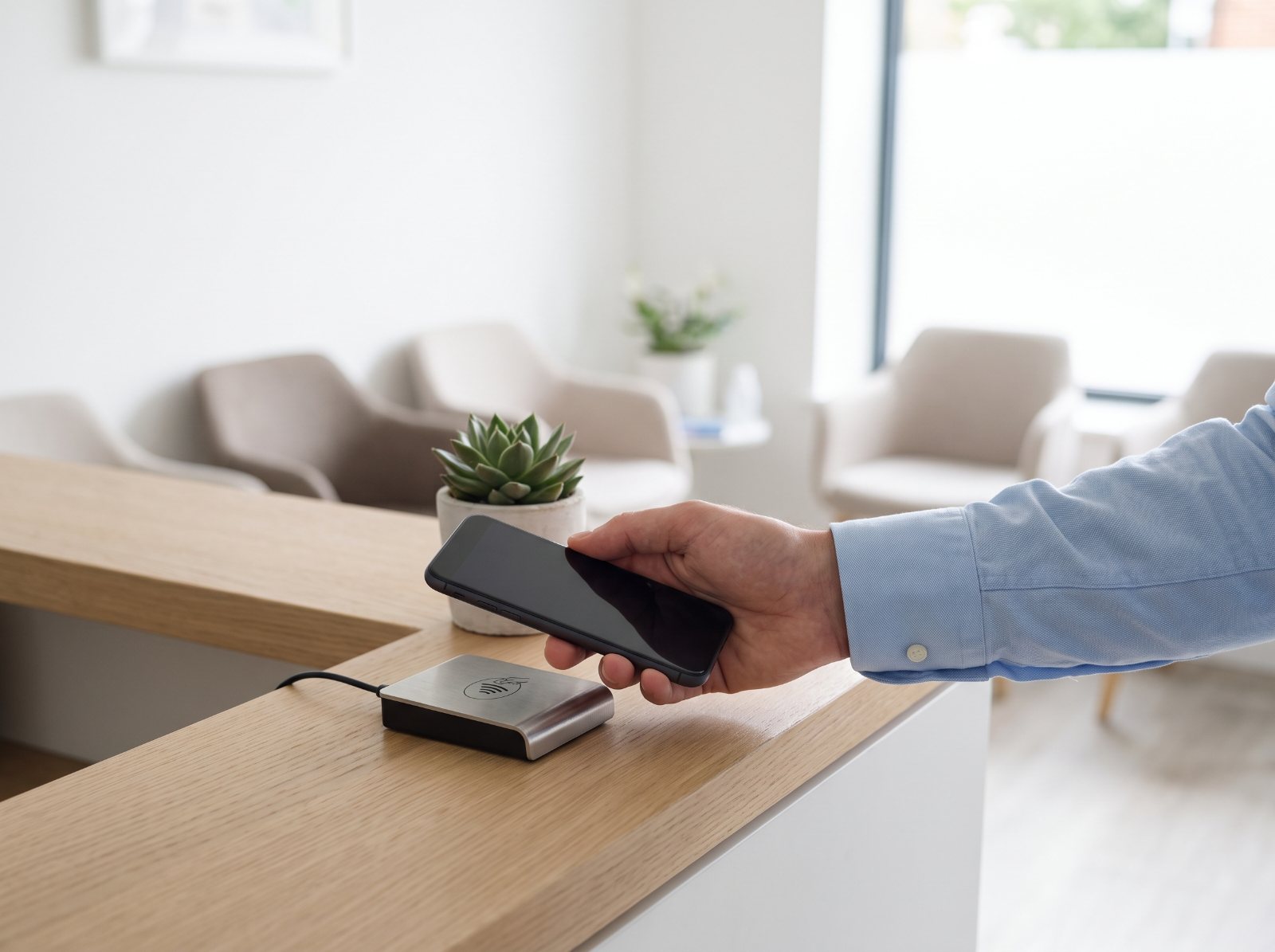 A hand holds a phone over a contactless reader at a bright dental clinic's front desk.
