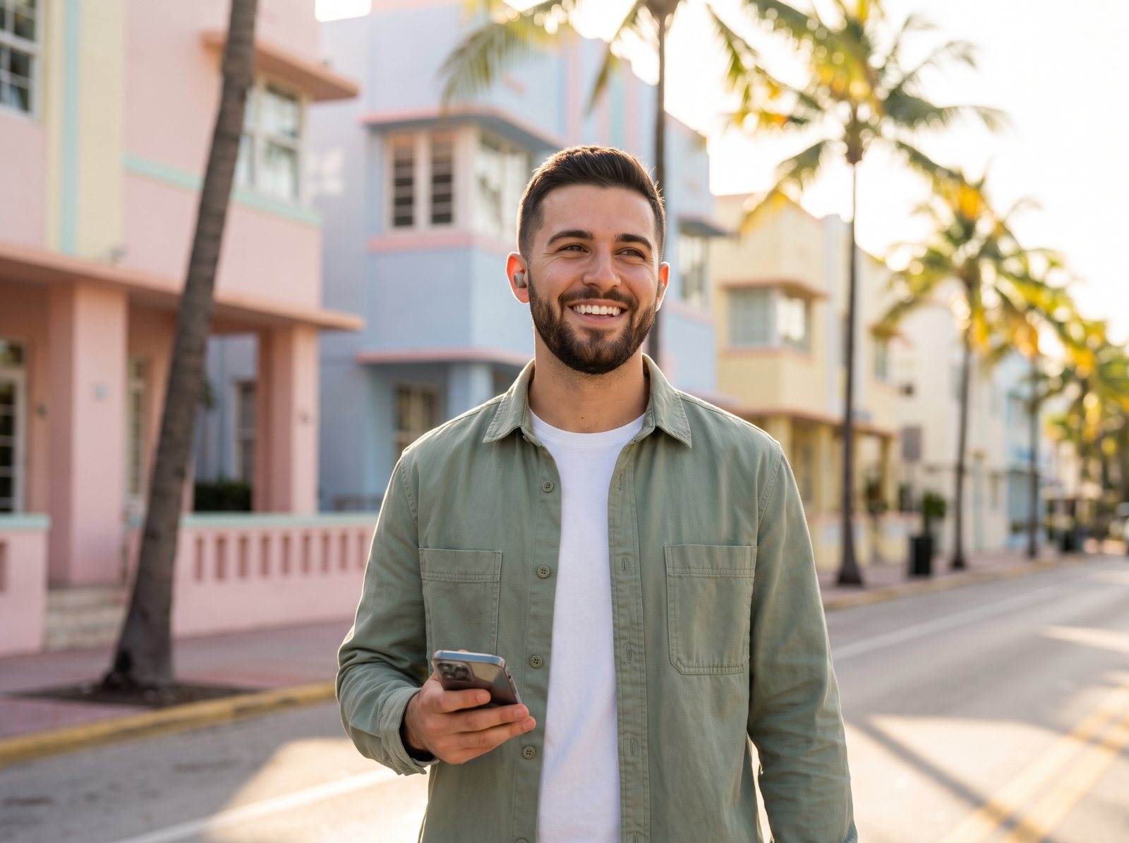 A smiling man on a sunny Miami street takes a hands-free call.