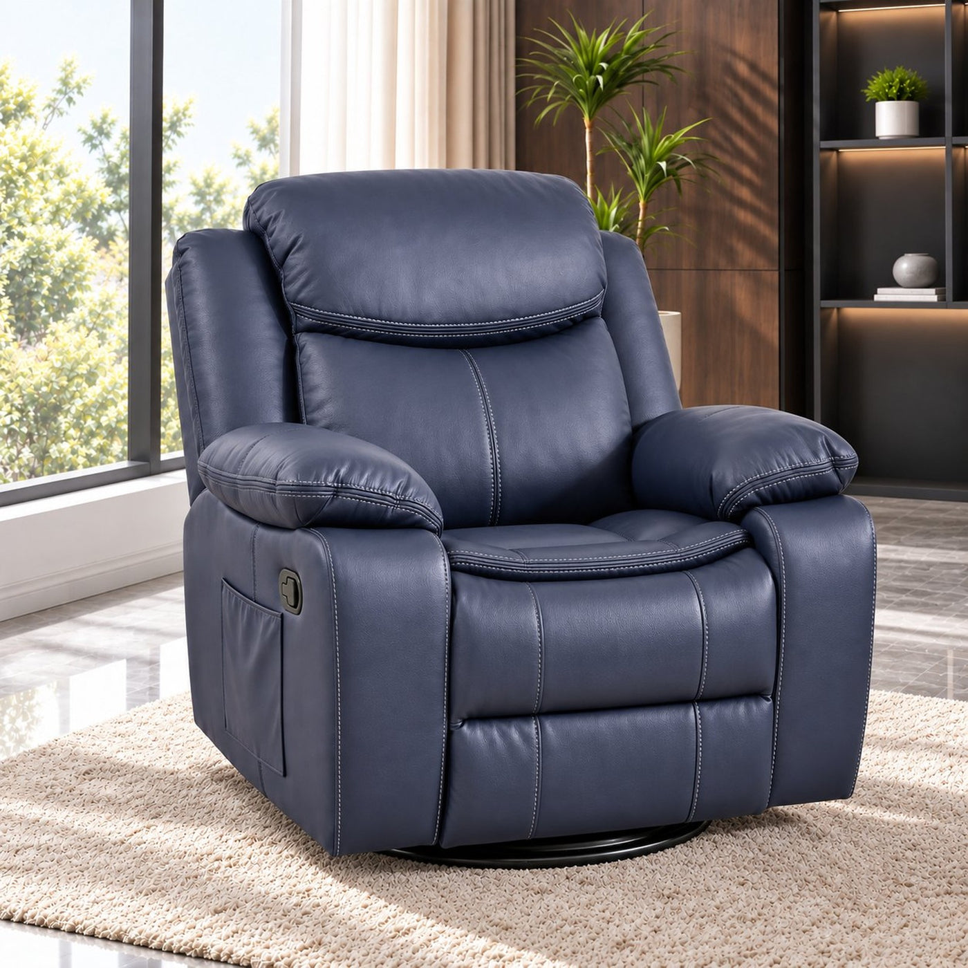 Blue CozyNest in a bright living room
