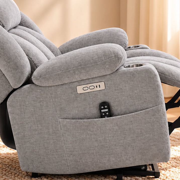 Side pocket holding the remote, below the USB ports