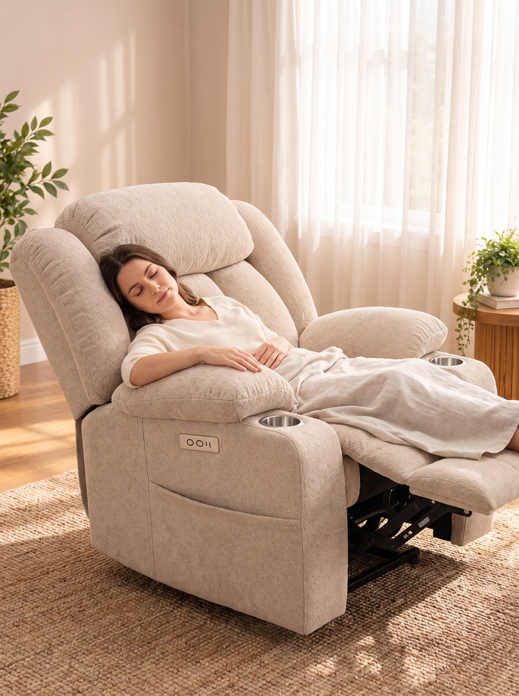 Napping fully reclined in the beige CloudPulse