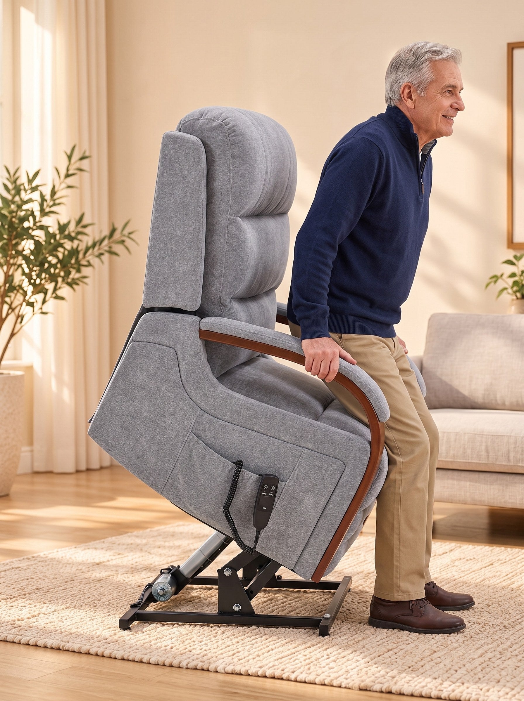 Man standing up as the EasyHold power lift tilts the chair forward