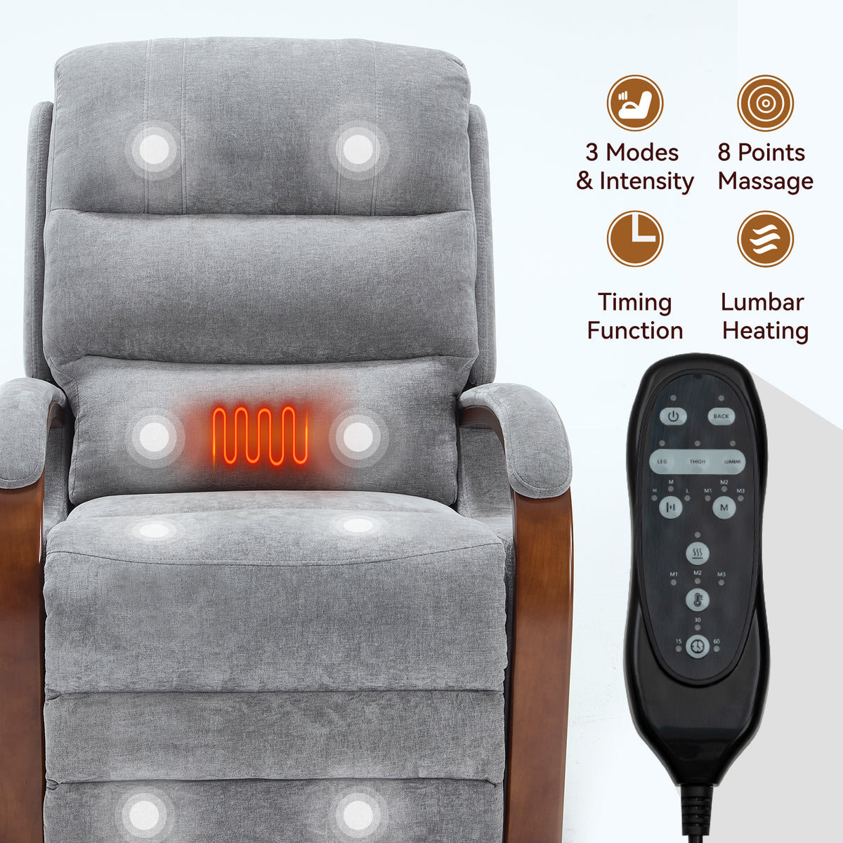 Massage remote: 3 modes and intensity, 8 points, timer, lumbar heat