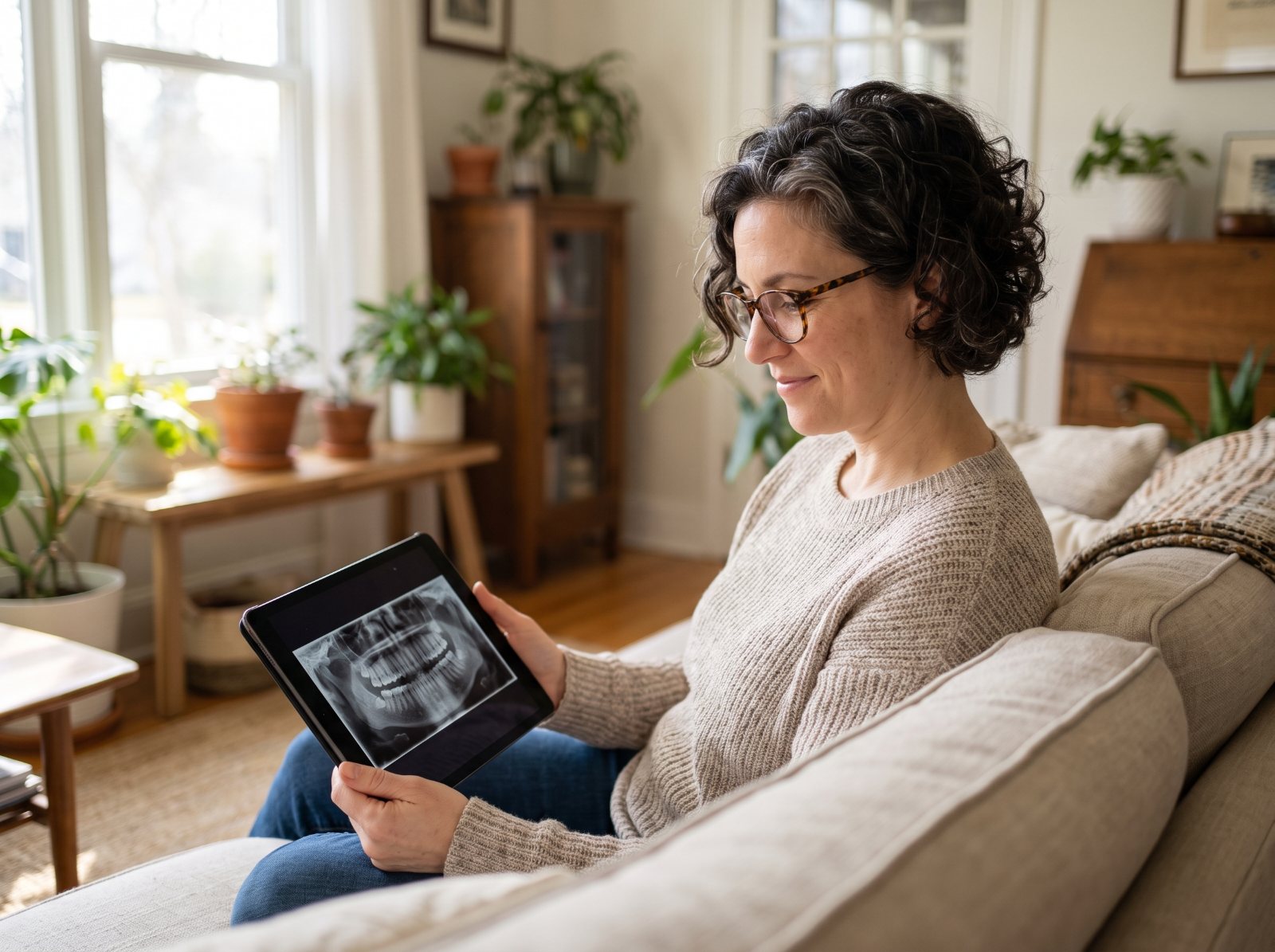 A woman on her sofa studies a dental X-ray on a tablet.