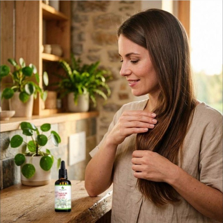 Femme prenant soin de ses longueurs avec l'huile de ricin bio Naturoleum, du pack cheveux secs et abîmés