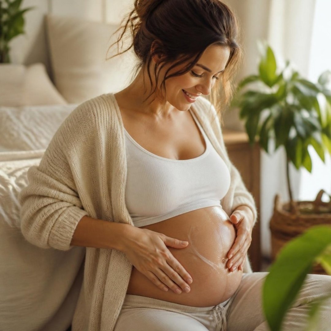 Mother-to-be massaging her belly with an organic plant oil