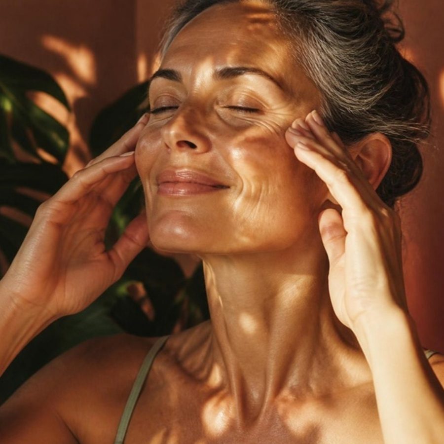 Femme pratiquant le yoga du visage avec une huile végétale bio