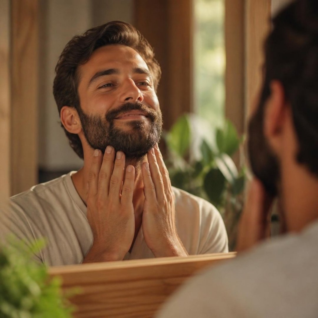 Homme massant une huile végétale bio dans sa barbe