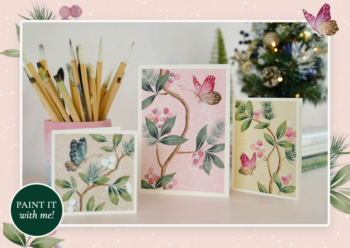 Three hand-painted chinoiserie holiday cards with pink berries, pine sprigs and butterflies
