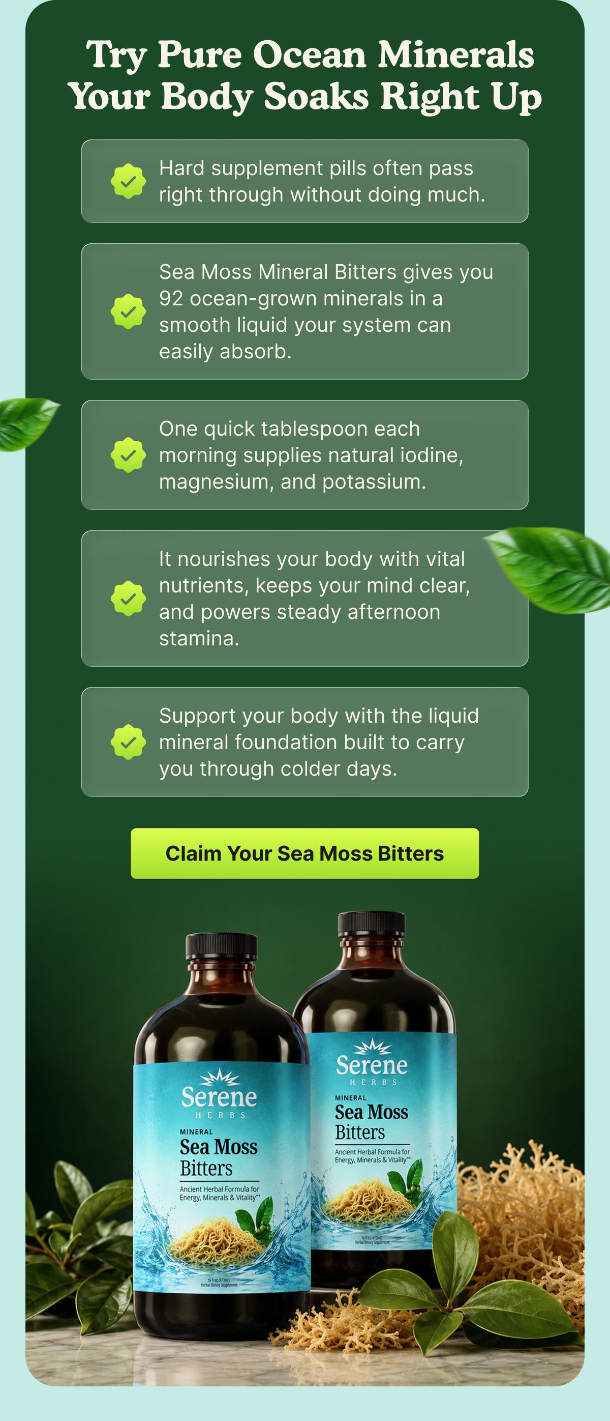 Try pure ocean minerals your body soaks right up | Claim Your Sea Moss Bitters