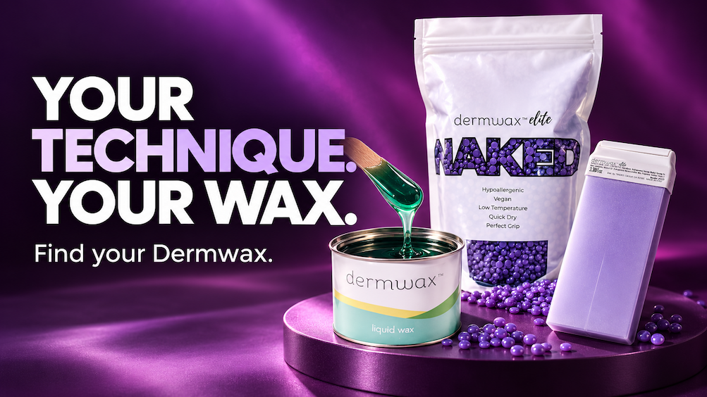 Dermwax hard wax beads, soft wax, and a lilac roll-on cartridge displayed against a purple background. “Your technique. Your wax. Find your Dermwax.”