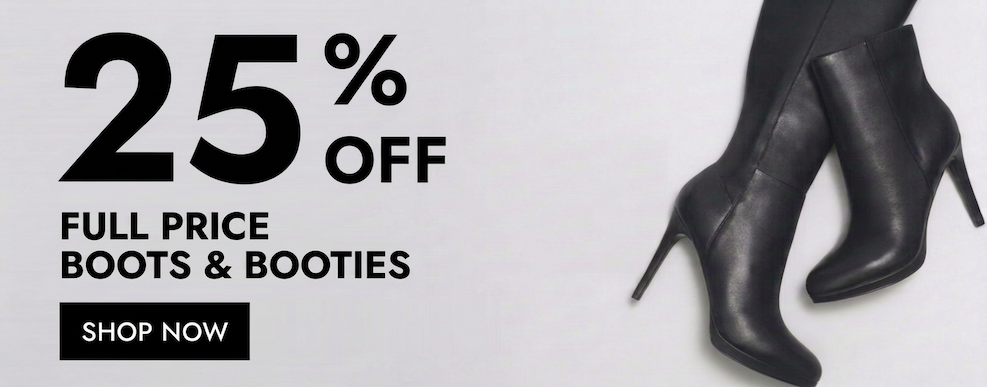 25% off full-price boots and booties with a "Shop Now" button.