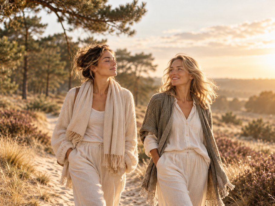 Two women walking on the heath in golden autumn light