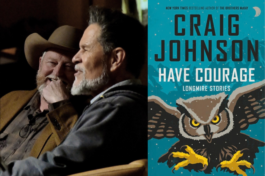 Author Craig Johnson sharing a laugh with another man at a book event, alongside the cover of his book Have Courage: Longmire Stories, featuring an illustrated owl with outstretched wings against a turquoise background. Fearrington Village.