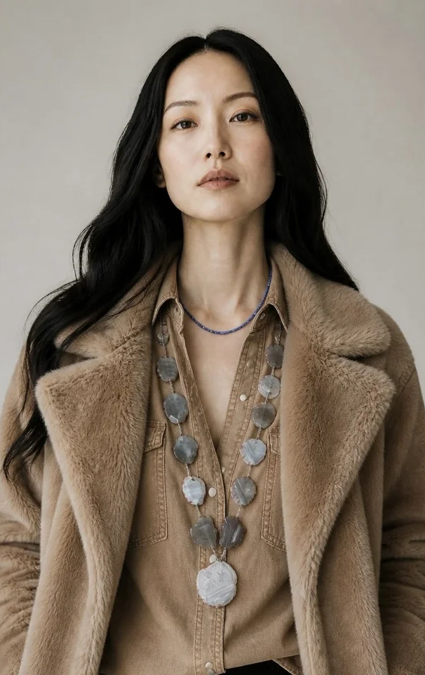 Model wearing a camel-colored coat with a plush faux-fur collar over a tan button-down shirt, accessorized with layered necklaces featuring oversized gray stone pendants. Fearrington Village.