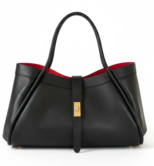 Black pebbled leather tote handbag with double shoulder handles, a gold-tone front clasp, and a striking red interior lining. Fearrington Village.