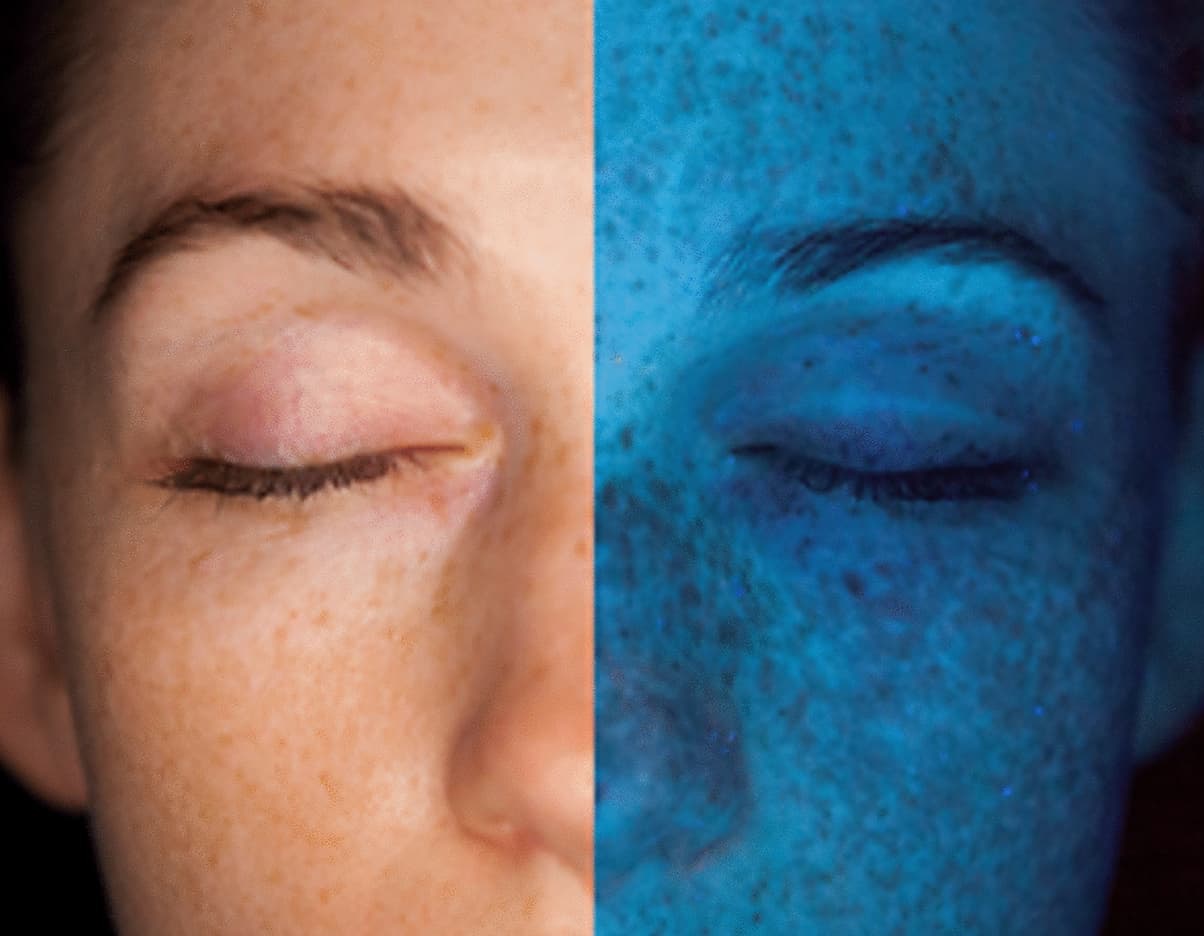 Split-screen close-up of a woman's face showing natural skin under regular lighting on one side and blue UV light revealing pigmentation and sun damage on the other. Fearrington Village.