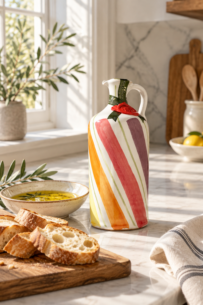 Hand-painted ceramic jug of Frantoio Galantino extra virgin olive oil in a sunlit kitchen, paired with a bowl of olive oil and sliced baguette. Fearrington Village.