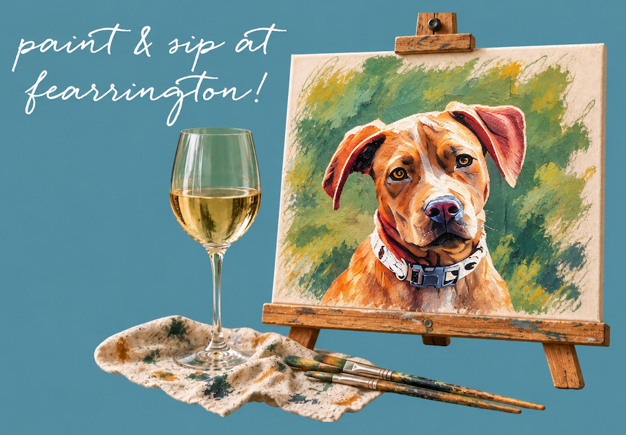 Paint & Sip at Fearrington promotional image featuring a colorful painted dog portrait on an easel, a glass of white wine, and paintbrushes against a blue background. Fearrington Village.