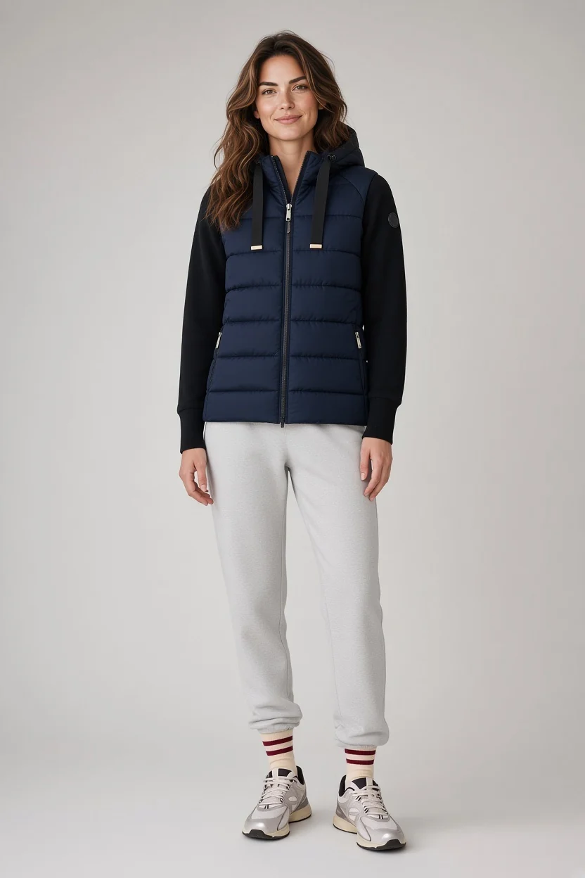 Model wearing a navy hooded puffer jacket with black sleeves, paired with light gray joggers, striped socks, and gray-and-white sneakers against a neutral studio background. Fearrington Village.