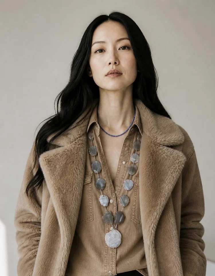 Woman with long dark hair wearing a camel-colored faux fur coat over a tan blouse, accessorized with a long necklace of gray stone pendants and a delicate blue beaded necklace. Fearrington Village.