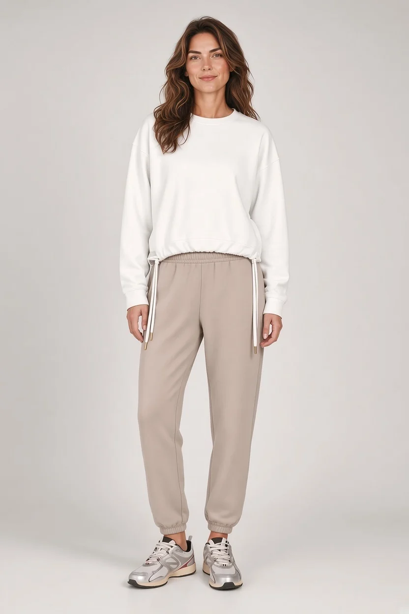 Model wearing a relaxed ivory crewneck sweatshirt with an adjustable drawstring hem, paired with beige jogger pants and gray-and-white sneakers against a neutral studio background. Fearrington Village.