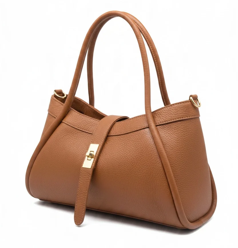 Cognac brown pebbled leather handbag with double shoulder handles, a structured silhouette, and a front strap closure accented with gold-tone hardware. Fearrington Village.