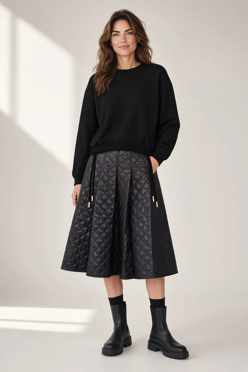 Model wearing a black long-sleeve pullover with a charcoal diamond-quilted midi skirt, finished with drawstring details and chunky black ankle boots against a neutral studio background. Fearrington Village.