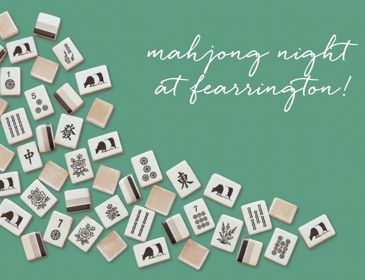 Mahjong tiles featuring Fearrington’s signature Belted Galloway cows scattered across a sage green background, with white handwritten lettering reading “mahjong night at fearrington!” Fearrington Village.